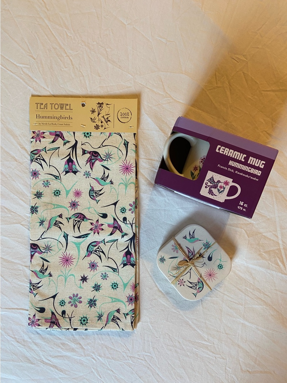 Native Northwest Hummingbird Tea Towel, Ceramic Mug, and Coaster Set